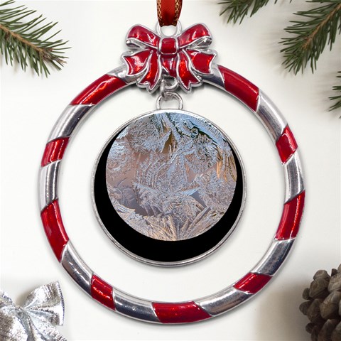 Window Pattern Winter Frost Metal Red Ribbon Round Ornament from ArtsNow.com Front