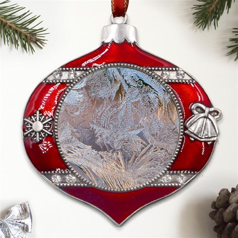 Window Pattern Winter Frost Metal Snowflake And Bell Red Ornament from ArtsNow.com Front