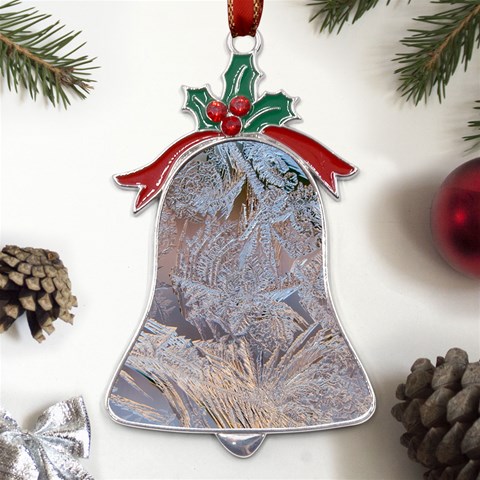 Window Pattern Winter Frost Metal Holly Leaf Bell Ornament from ArtsNow.com Front