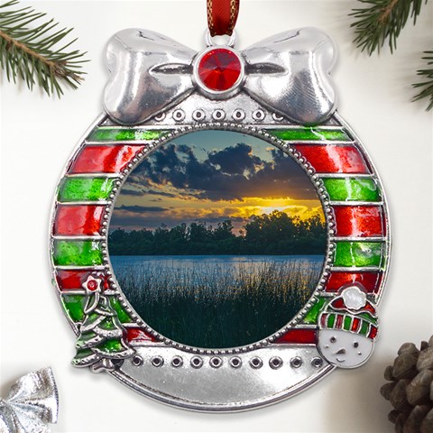 Peaceful Horizons of Uruguay  Metal X Mas Ribbon With Red Crystal Round Ornament from ArtsNow.com Front