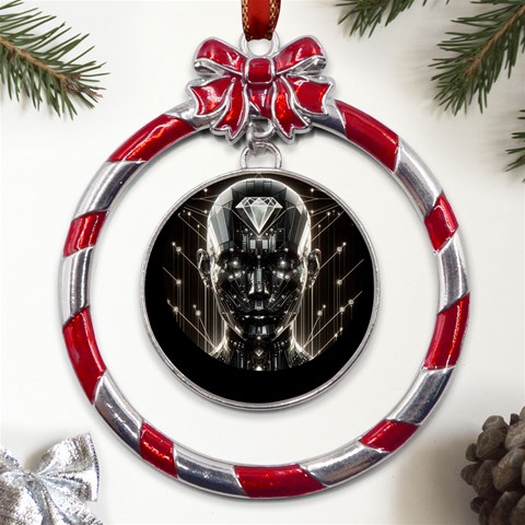 Robotics Robot Technology Future Metal Red Ribbon Round Ornament from ArtsNow.com Front