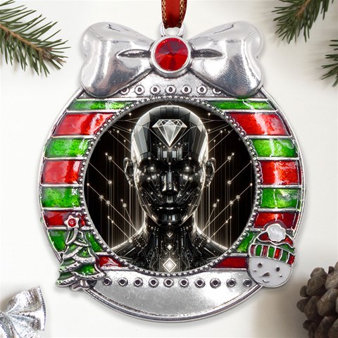 Robotics Robot Technology Future Metal X Mas Ribbon With Red Crystal Round Ornament from ArtsNow.com Front