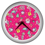 cute pink christmas pattern Wall Clock (Silver)