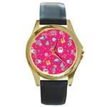 cute pink christmas pattern Round Gold Metal Watch