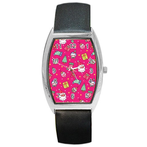 cute pink christmas pattern Barrel Style Metal Watch from ArtsNow.com Front