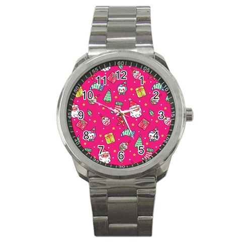 cute pink christmas pattern Sport Metal Watch from ArtsNow.com Front