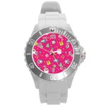 cute pink christmas pattern Round Plastic Sport Watch (L)