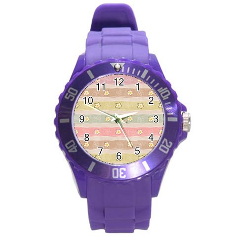 stripes floral designs Round Plastic Sport Watch (L) from ArtsNow.com Front