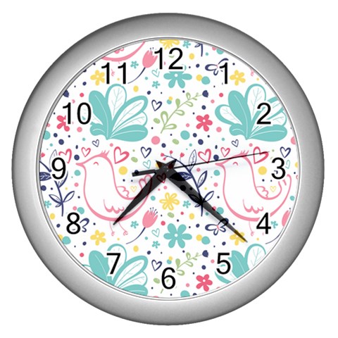 cute bird pattern Wall Clock (Silver) from ArtsNow.com Front