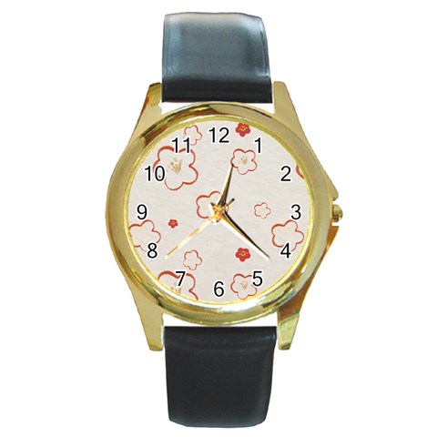 Floral Pattern Round Gold Metal Watch from ArtsNow.com Front