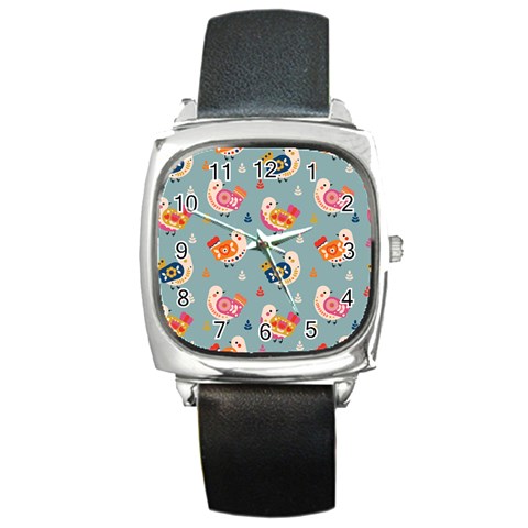 Cute Bird Pattern Square Metal Watch from ArtsNow.com Front