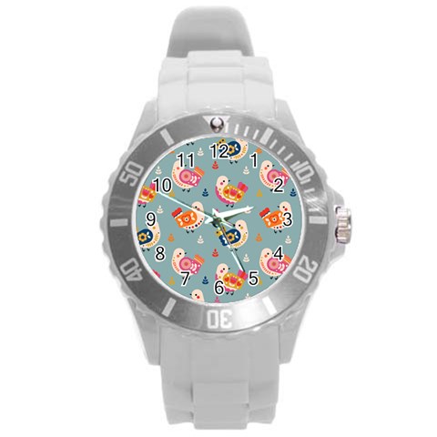 Cute Bird Pattern Round Plastic Sport Watch (L) from ArtsNow.com Front