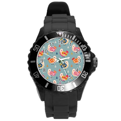 Cute Bird Pattern Round Plastic Sport Watch (L) from ArtsNow.com Front