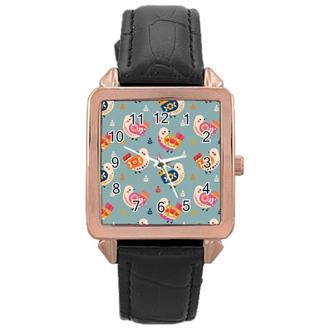 Cute Bird Pattern Rose Gold Leather Watch  from ArtsNow.com Front