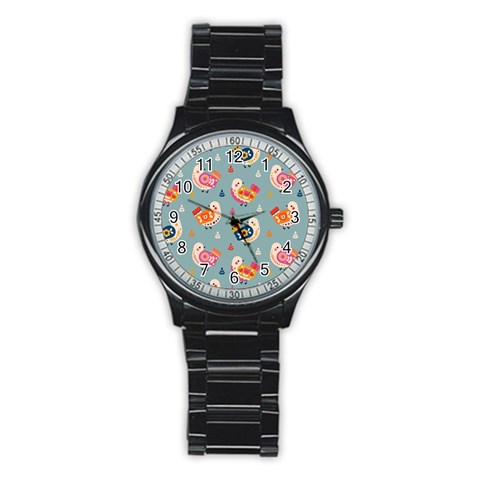 Cute Bird Pattern Stainless Steel Round Watch from ArtsNow.com Front