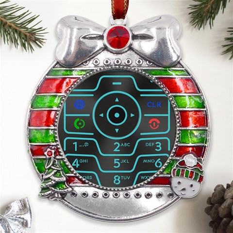 Retro Mobile Device Output Device Metal X Mas Ribbon With Red Crystal Round Ornament from ArtsNow.com Front