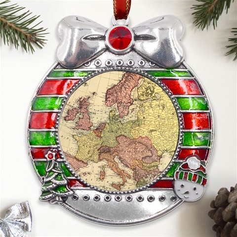 Retro Old Vintage Map Of Europe Metal X Mas Ribbon With Red Crystal Round Ornament from ArtsNow.com Front