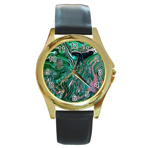 Malachite  Round Gold Metal Watch from ArtsNow.com Front