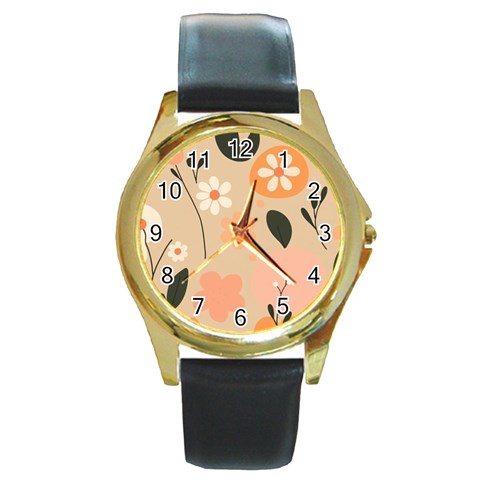 Minimalist Pattern With Simple Lines,flower And Shapes, Creating A Clean And Modern Round Gold Metal Watch from ArtsNow.com Front