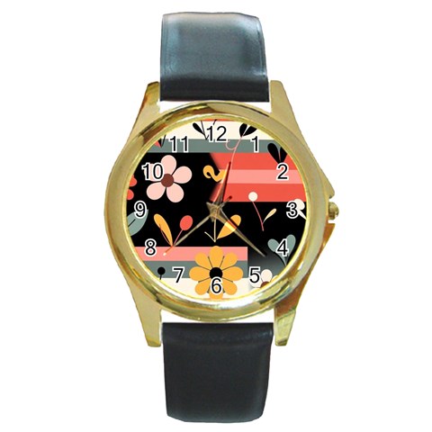 Minimalist Pattern With Simple Lines,flower And Shapes, Creating A Clean And Modern Round Gold Metal Watch from ArtsNow.com Front