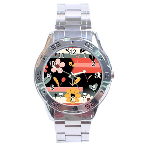 Minimalist Pattern With Simple Lines,flower And Shapes, Creating A Clean And Modern Stainless Steel Analogue Watch from ArtsNow.com Front