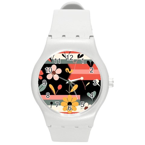 Minimalist Pattern With Simple Lines,flower And Shapes, Creating A Clean And Modern Round Plastic Sport Watch (M) from ArtsNow.com Front