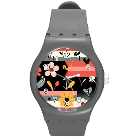 Minimalist Pattern With Simple Lines,flower And Shapes, Creating A Clean And Modern Round Plastic Sport Watch (M) from ArtsNow.com Front