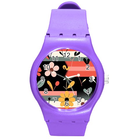 Minimalist Pattern With Simple Lines,flower And Shapes, Creating A Clean And Modern Round Plastic Sport Watch (M) from ArtsNow.com Front