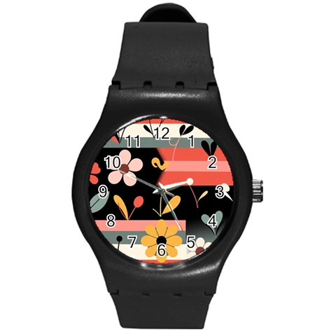 Minimalist Pattern With Simple Lines,flower And Shapes, Creating A Clean And Modern Round Plastic Sport Watch (M) from ArtsNow.com Front