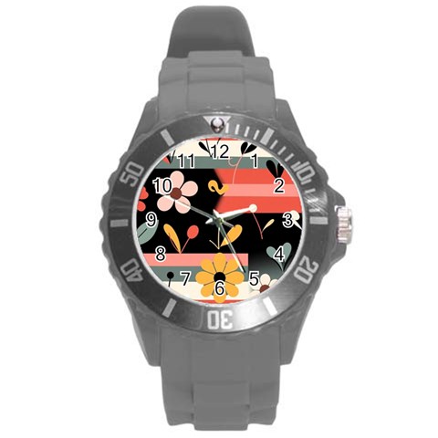 Minimalist Pattern With Simple Lines,flower And Shapes, Creating A Clean And Modern Round Plastic Sport Watch (L) from ArtsNow.com Front