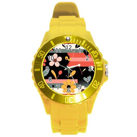 Minimalist Pattern With Simple Lines,flower And Shapes, Creating A Clean And Modern Round Plastic Sport Watch (L) from ArtsNow.com Front