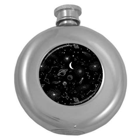 Cosmic Black Space Star Round Hip Flask (5 oz) from ArtsNow.com Front