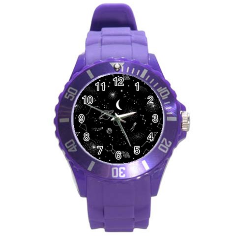 Cosmic Black Space Star Round Plastic Sport Watch (L) from ArtsNow.com Front