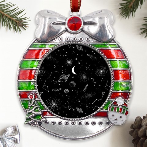 Cosmic Black Space Star Metal X Mas Ribbon With Red Crystal Round Ornament from ArtsNow.com Front