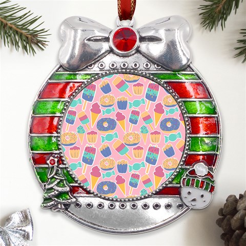 Ice Cream Donut Sweets Candie Metal X Mas Ribbon With Red Crystal Round Ornament from ArtsNow.com Front