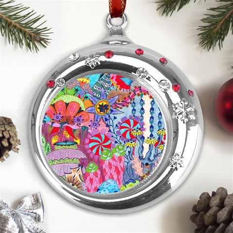 Cabbage Flower Abstract Metal Snowflake Red Crystal Round Ornament from ArtsNow.com Front