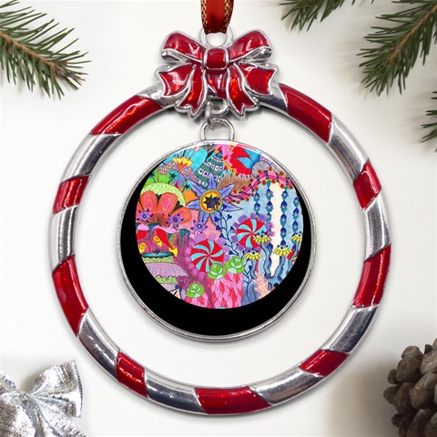 Cabbage Flower Abstract Metal Red Ribbon Round Ornament from ArtsNow.com Front