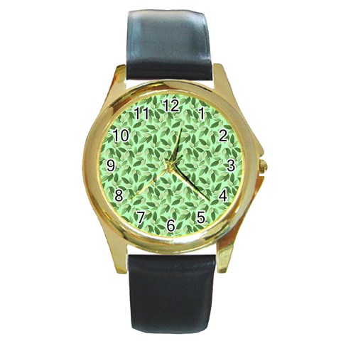 Leaves Pattern Texture Seamless Round Gold Metal Watch from ArtsNow.com Front