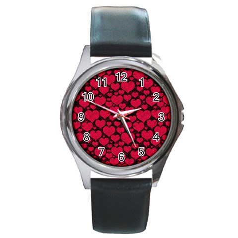 Valentines Day Hearts Pattern Love Red Round Metal Watch from ArtsNow.com Front