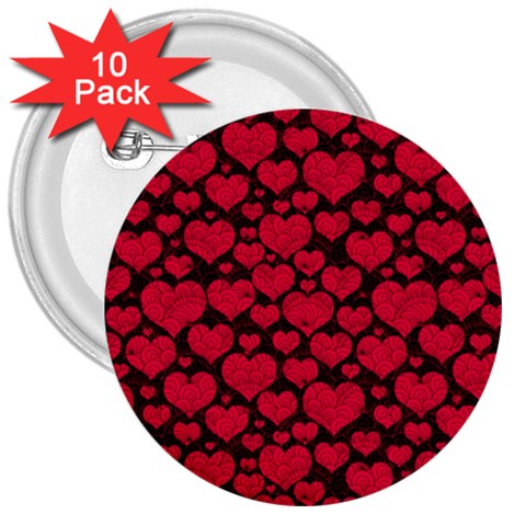 Valentines Day Hearts Pattern Love Red 3  Buttons (10 pack)  from ArtsNow.com Front