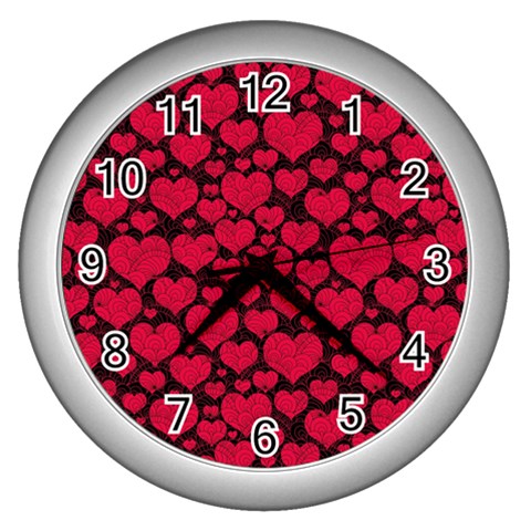 Valentines Day Hearts Pattern Love Red Wall Clock (Silver) from ArtsNow.com Front