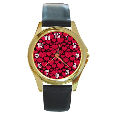 Valentines Day Hearts Pattern Love Red Round Gold Metal Watch from ArtsNow.com Front