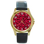 Valentines Day Hearts Pattern Love Red Round Gold Metal Watch