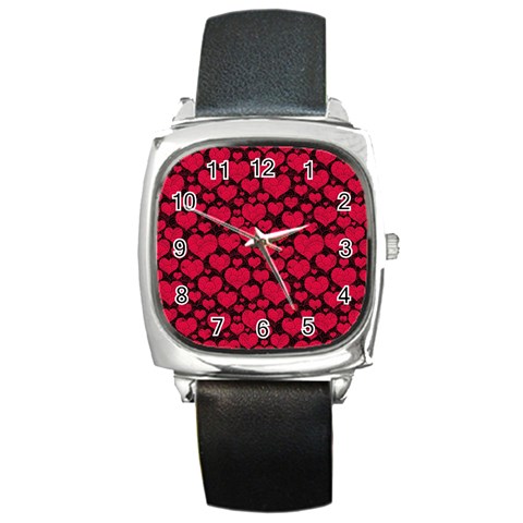 Valentines Day Hearts Pattern Love Red Square Metal Watch from ArtsNow.com Front