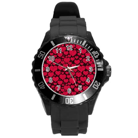 Valentines Day Hearts Pattern Love Red Round Plastic Sport Watch (L) from ArtsNow.com Front