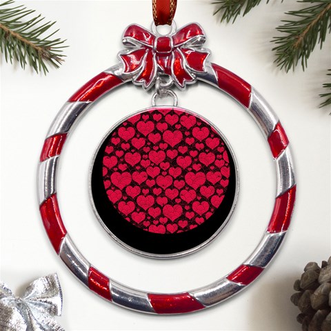 Valentines Day Hearts Pattern Love Red Metal Red Ribbon Round Ornament from ArtsNow.com Front