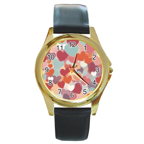 Valentines Day Hearts Romance Love Round Gold Metal Watch from ArtsNow.com Front