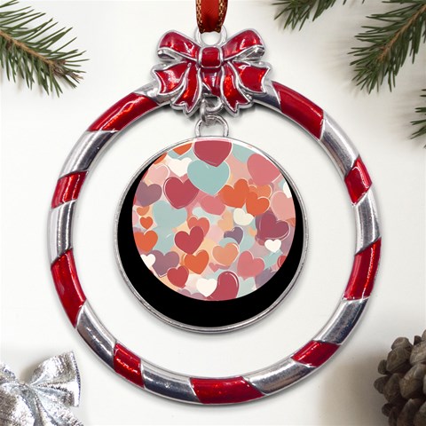 Valentines Day Hearts Romance Love Metal Red Ribbon Round Ornament from ArtsNow.com Front