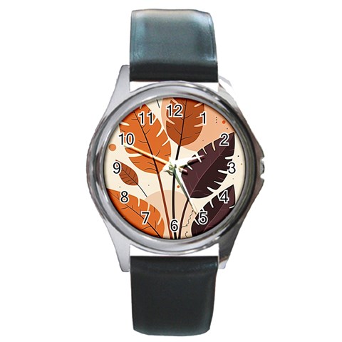 Leaves Boho Monster Nature Round Metal Watch from ArtsNow.com Front