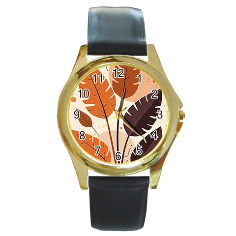 Leaves Boho Monster Nature Round Gold Metal Watch from ArtsNow.com Front